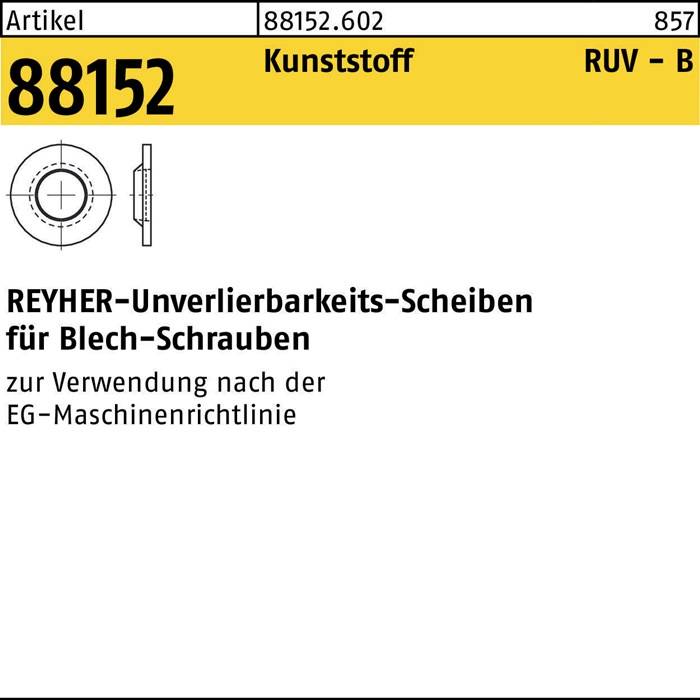 Produktetikett für Artikelnummer 88152, bestehend aus nicht wiederverwendbaren Scheiben für Befestigungselemente. Nicht geeignet für den Einsatz in EG-Maschinen.