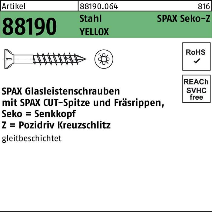 SPAX Glasleistenschrauben mit Schneidspitze und Fräsrippen. Aus verzinktem Stahl, geeignet für SPAX Pozidriv. SVHC-frei, RoHS, REACH-konform.