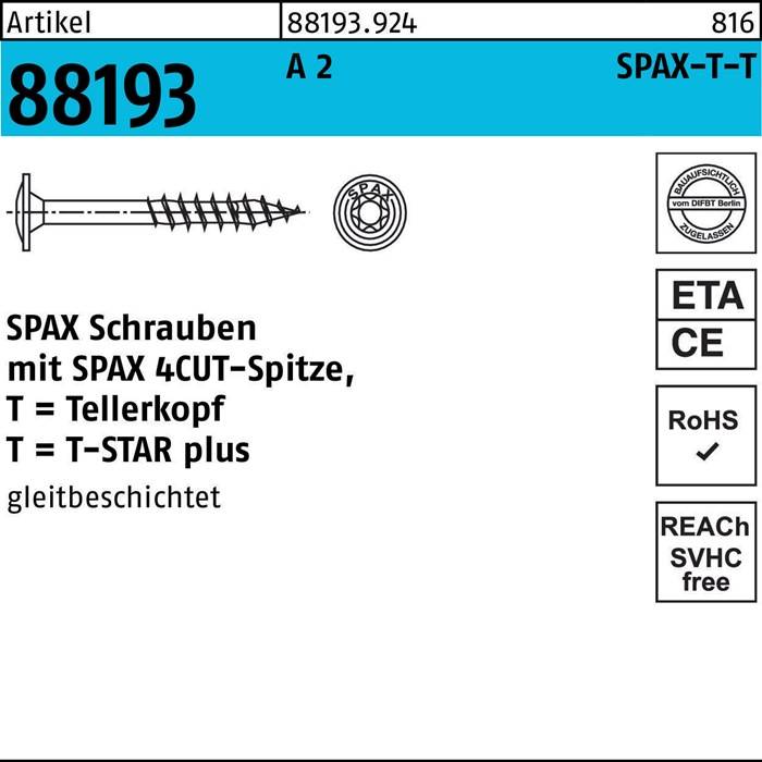 Eine Schraube, gekennzeichnet mit 88193, A 2, SPAX-T 16, mit technischen Spezifikationen: 4CUT-Spitze, T-STAR plus, gleitbeschichtete Oberfläche. Merkmale umfassen ETA, RoHS-Konformität und SVHC-Freiheit.
