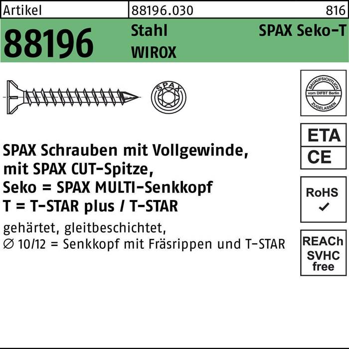 SPAX Schrauben mit Vollgewinde, SPAX MULTI-Senkopf, T-Star plus/T-Star, Ø 10/12, geölt, gleitbeschichtet Fräst. ETA CE, RoHS, SVHC frei.