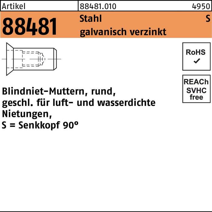 Blindnietmutter R 88481 SEKO M8 /4,5 -6,0 Stahl galv.verz. 250 Stück