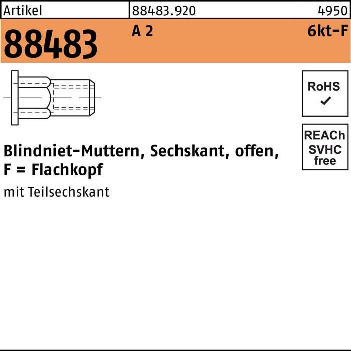 Sechskantblindnietmutter R 88483 FLAKO M6/0,5 - 3,0 A 2 500 Stück