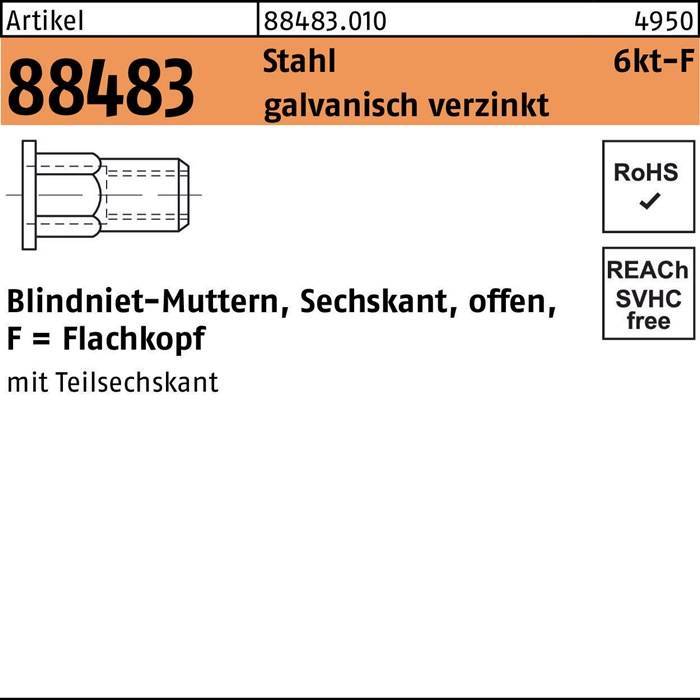 Sechskantblindnietmutter R 88483 FLAKO M6 /0,5 -3,5 Stahl galv.verz. 250St.