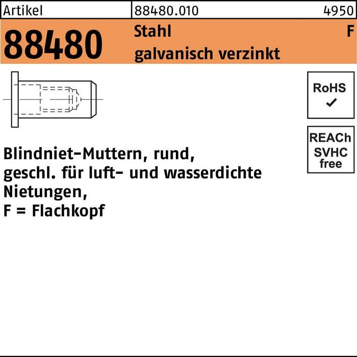 Blindnietmutter R 88480 FLAKO M8 /3,0 -6,0 Stahl galv.verz. 200 Stück