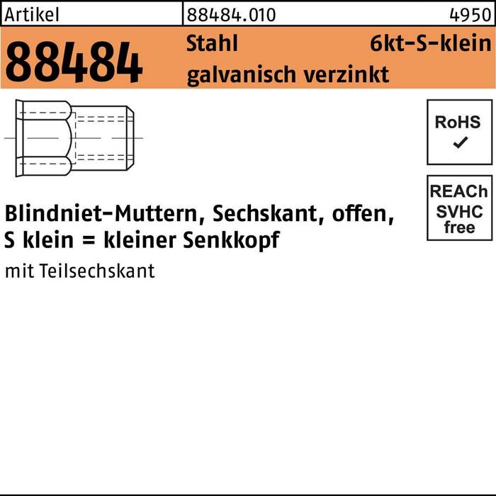 Sechskantblindnietmutter R 88484 SEKO M8 /0,5 -3,0 Stahl galv.verz. 100St.