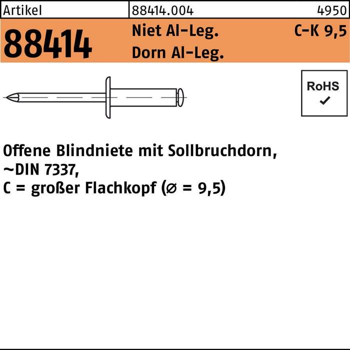 Blindniete R 88414 großer FLAKO 3,2x6,1 Niet Aluminium/Dorn Aluminium 500St.