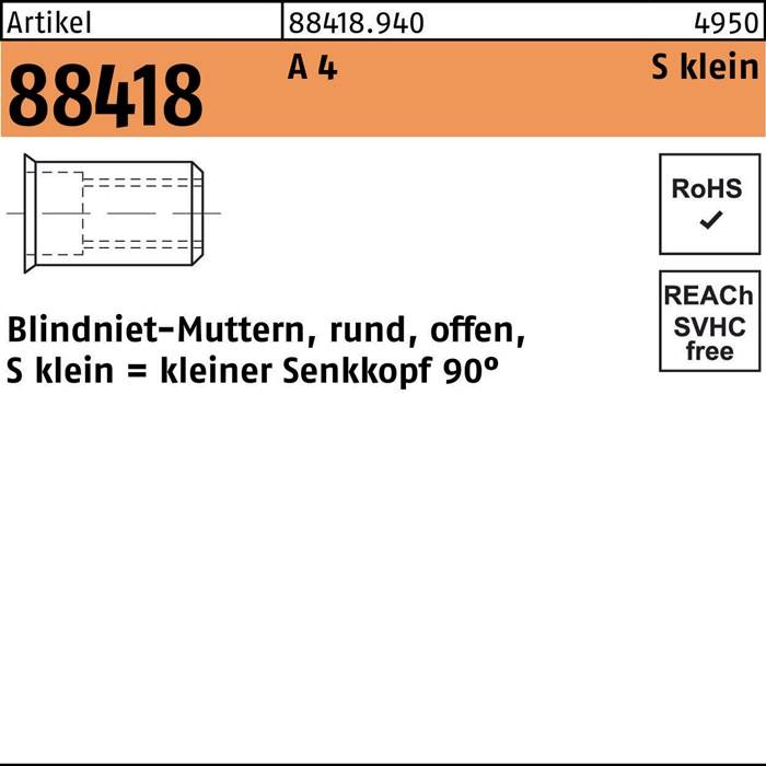Blindnietmutter R 88418 SEKO M4/0,25 - 3,0 A 4 500 Stück