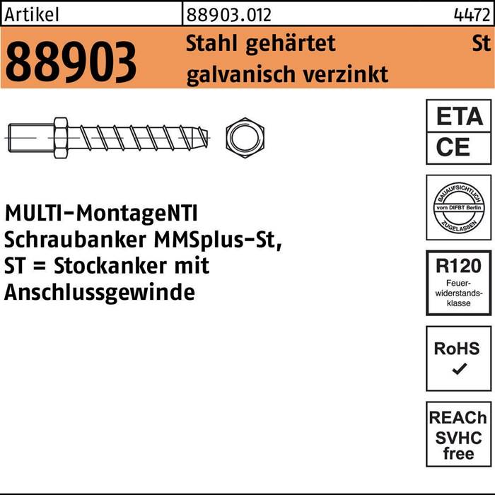 Darstellung einer Schraube mit Produktdetails: 'ARTIKEL 88903', 'galvanisch verzinkt', 'Schrauanker MMSplus-St'. Zertifizierungen rechts daneben.