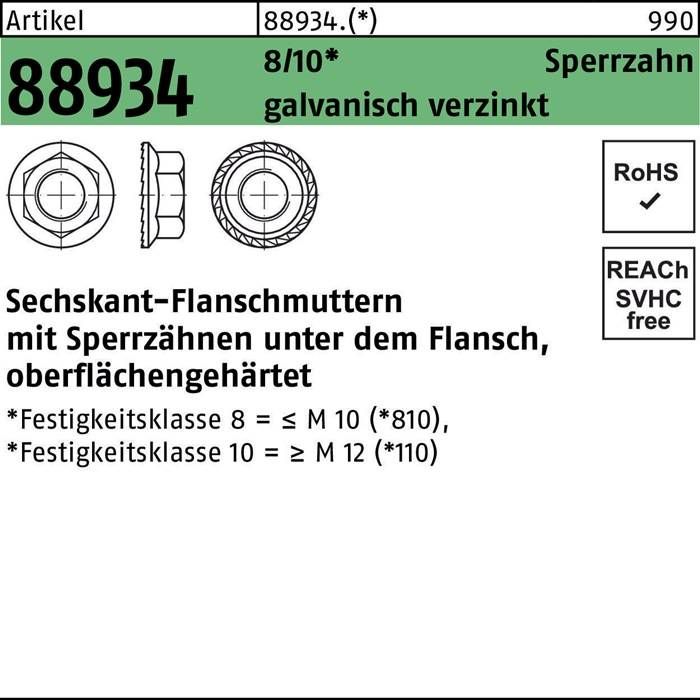 Sechskantflanschmutter R 88934 Sperrzahn M16 10 galv.verz. 50 Stück