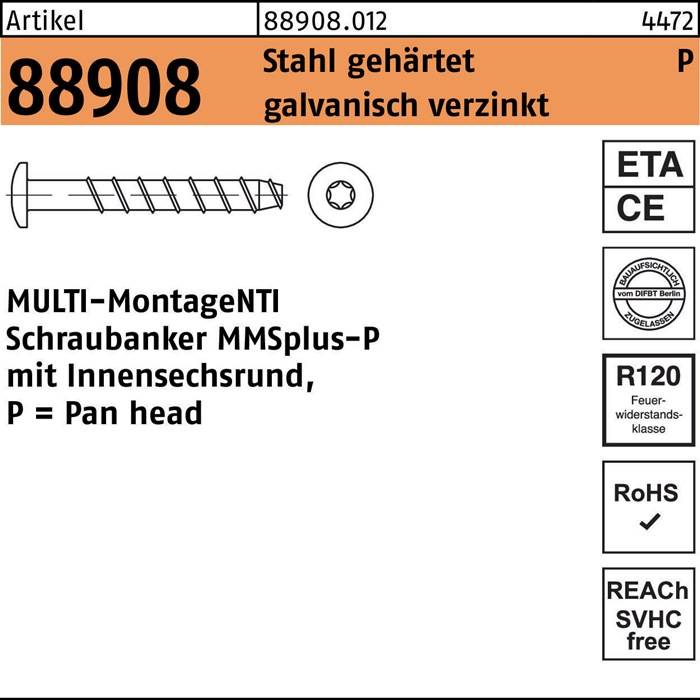 Ein rechteckiges Produktetikett für 'ARTIKEL 88908', mit einer Schrauben- und Unterlegscheiben-Illustration. Der Text enthält 'Stahl galvanisch verzinkt'. Zertifizierungslogos sind rechts abgebildet.