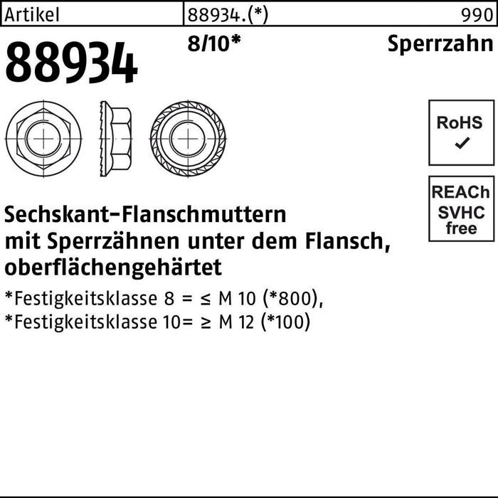 Technische Zeichnung von gezahnten Flanschmuttern mit drei Ansichten, gekennzeichnet als '89xx' und '89xx (*),' mit Hervorhebung von Größenoptionen und Härteraden, unter Angabe der RoHS- und REACH-Konformität.