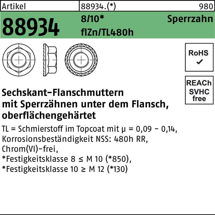 Artikel 889/10(*) Sperrschraube. Sechs Sperrzahnscheiben aus Beschichtungsmaterial mit angegebenem Anzugsmoment. RoHS- und SVHC-frei.