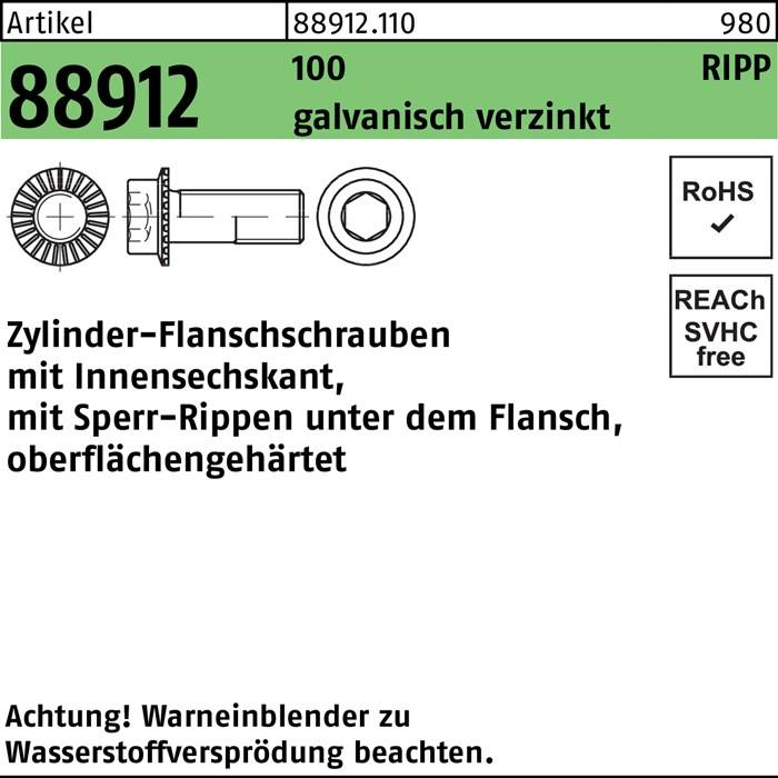 Zylinderflanschschraube R 88912 Sperr-Ripp Innen-6kt M8x16 100 galv.verz. 200St.