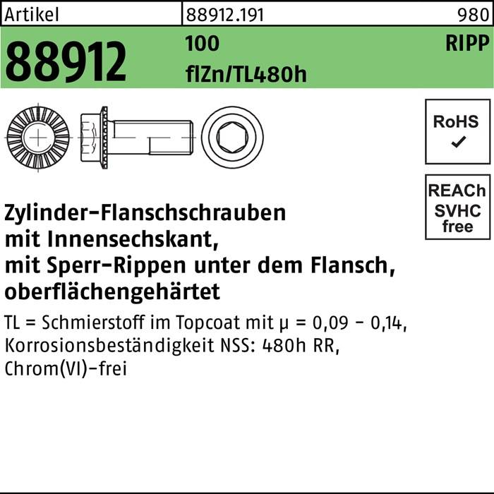 Zylinderflanschschraube R 88912 Sperr-Ripp In.-6kt M10x25 100 flZnnc480h-L 200St