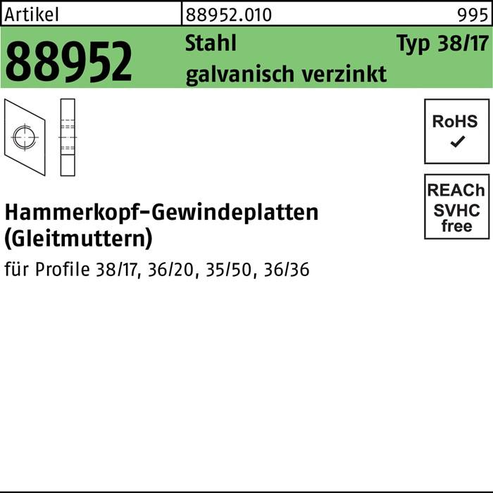 Hammerkopfgewindeplatte R 88952 Typ 38/17 M10 Stahl galv.verz. 100St.
