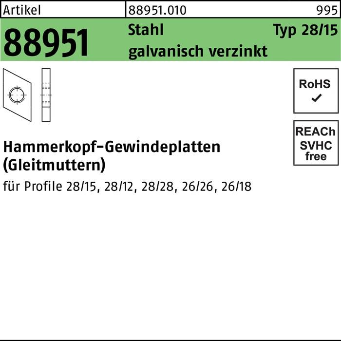 Hammerkopfgewindeplatte R 88951 Typ 28/15 M8 Stahl galv.verz. 100Stück
