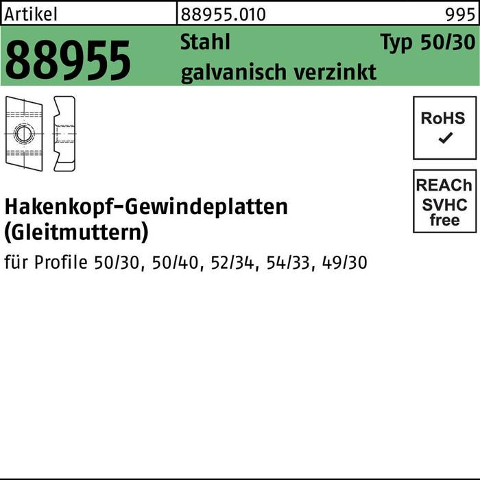 Hakenkopfgewindeplatte R 88955 Typ 50/30 M12 Stahl galv.verz. 50 Stück
