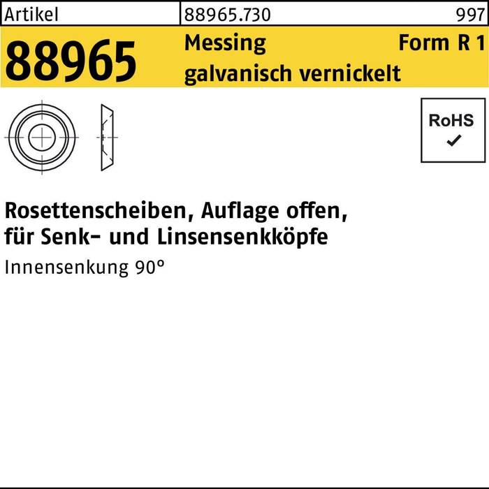 Rosettenscheiben, Auflage offen, für Senk- und Linsenknöpfe, Innensenkung 90°, Messing galvanisch vernickelt, RoHS.