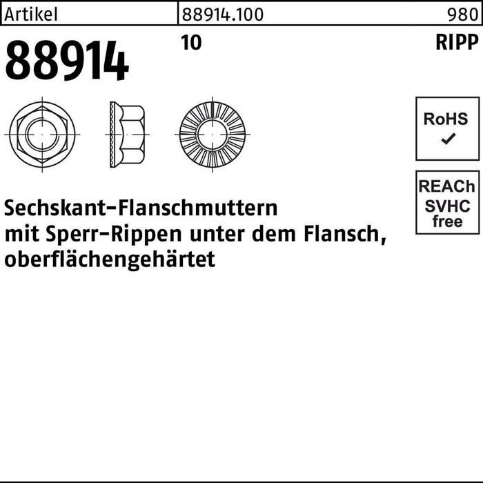 Technische Zeichnung einer sechseckigen Flanschmutter mit Sperrrippen darunter und Oberflächenhärtung; gekennzeichnet mit '88914, 10 RIPP.