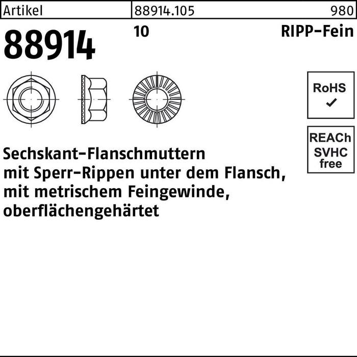 Technische Zeichnung einer Sechskantflanschmutter mit Abmessungen; geriffelt unter dem Flansch, mit metrischem Feingewinde und hoher Oberflächengüte.
