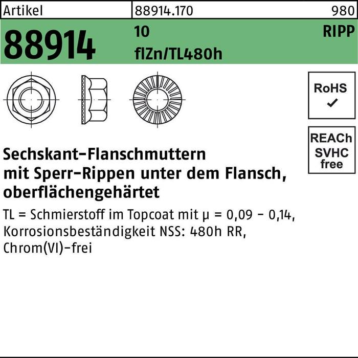 Sechskantflanschmutter R 88914 Sperr-Ripp M8 10 flZnnc 480h-L 200St.
