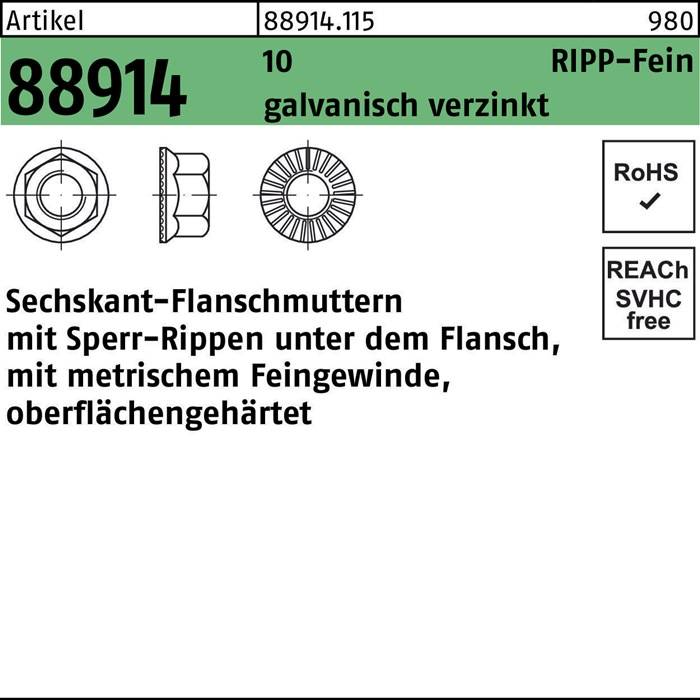 Linch Medium Serie Flansch Ripp-Fein verzinkt. RoHS und REACH frei.' Flanschdiagramm mit Spezifikationen und Konformitätsindikatoren.