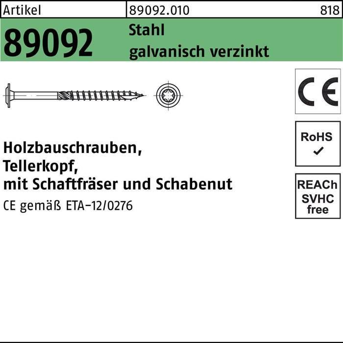 Ein grün-weißes Etikett für Holzbauschrauben aus verzinktem Stahl, Größe 8x92 mm, mit Konformitätslogos auf der rechten Seite.