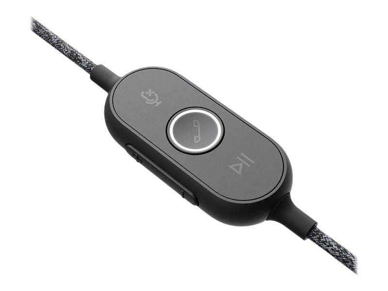 Schwarze Inline-Fernbedienung mit zentralem rundem Knopf und kleinen Symbolen, dargestellt angebracht an geflochtenem Kopfhörer- oder Audiokabel.