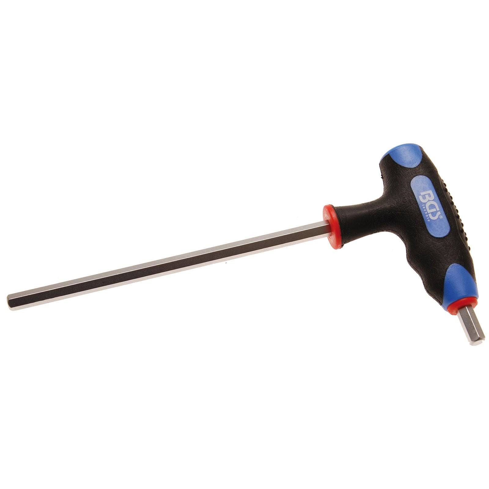 Ein T-Griff-Inbusschlüssel mit einem schwarzen Griff, roten Akzenten und einem blauen Logo auf dem Griff. Die Metallschaftachse erstreckt sich gerade vom Griff aus.