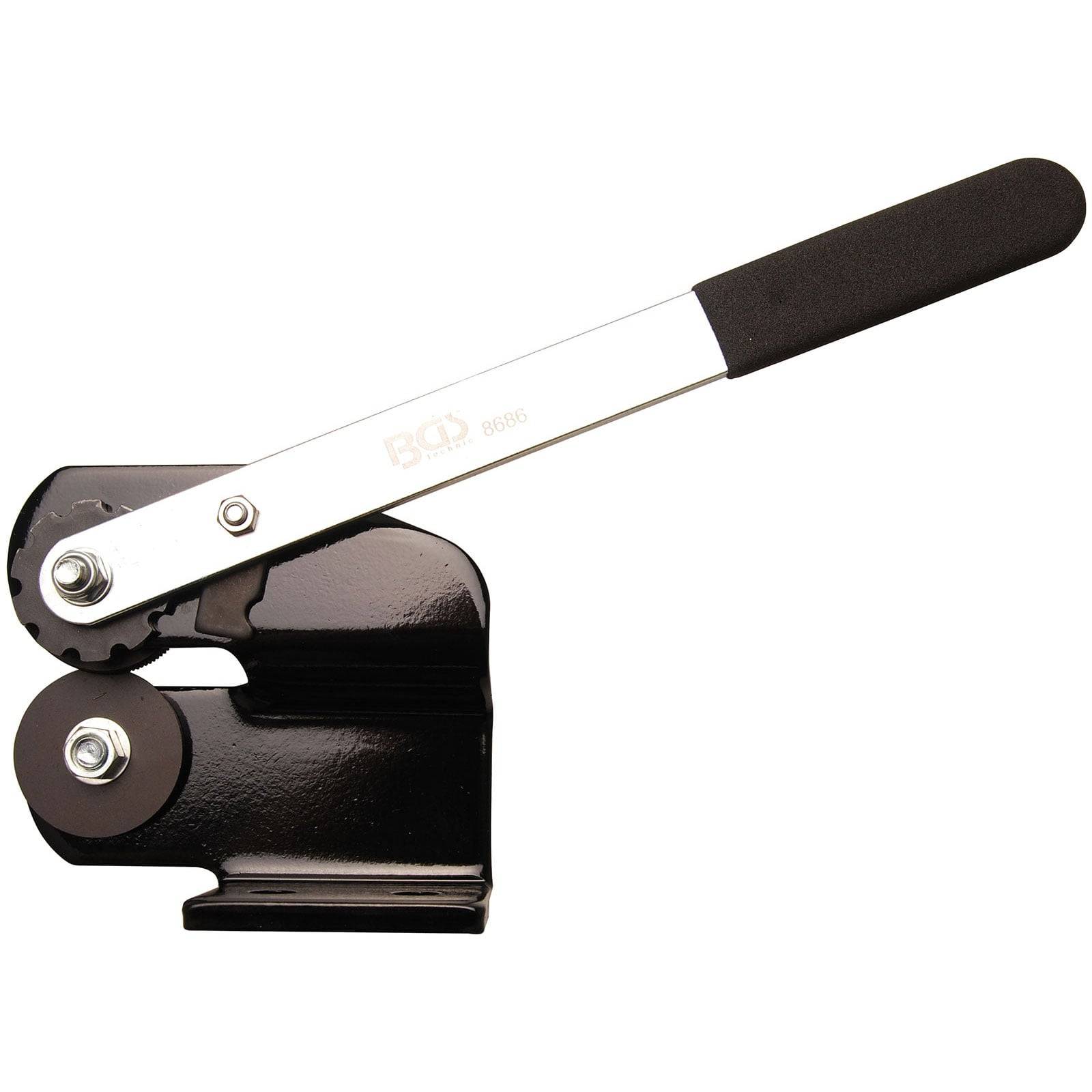 Manuelles Umreifungswerkzeug mit langem Griff und schwarzem Metallgehäuse, entwickelt zum Spannen und Schneiden von Kunststoff-Umreifungsbändern.