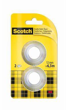 Paket mit Scotch doppelseitigem Klebeband mit zwei transparenten Rollen, beschriftet mit 12 mm x 6,3 m, in gelber Karo-Verpackung.