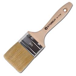 Ein flacher Pinsel mit Holzgriff und hellem Borstenhaar, beschriftet mit „Storch