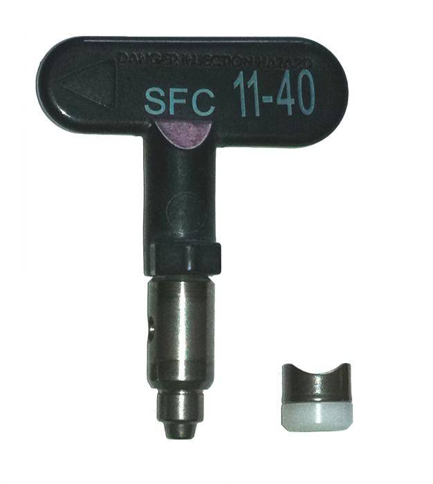 Schwarzes SFC 11-40 Ventilwerkzeug mit T-Griff und Metallschaft, gezeigt neben einer kleinen separaten Kappe oder einem Einsatz auf weißem Hintergrund.