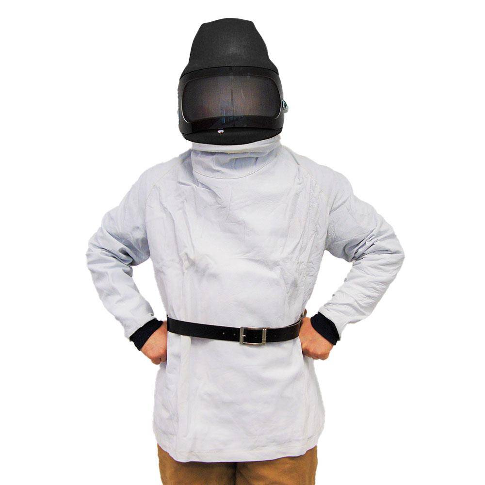 Sandstrahlhelm P4-PLUS - mit Leder-Körperschutz & Ärmeln - gebogenes Fenster mit Weitwinkel Sichtfeld