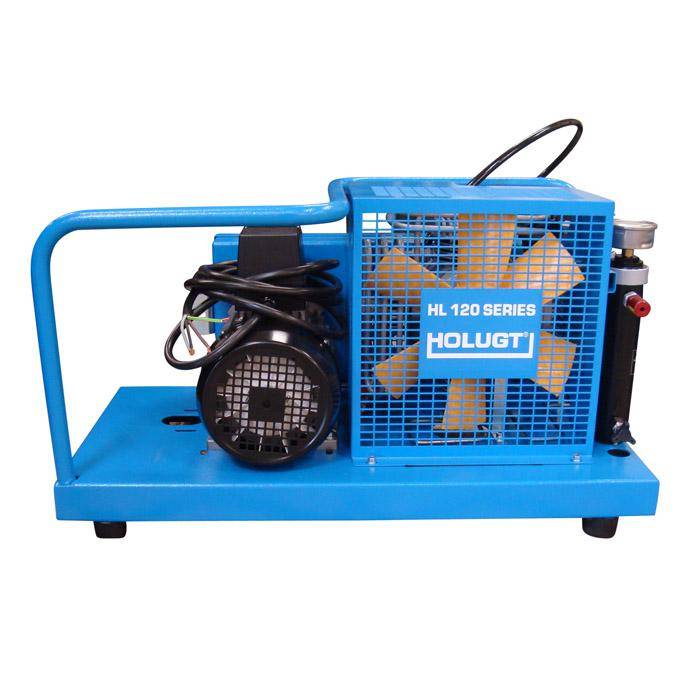 Blue Holugt HL 120 Series Maschine mit gitterabdecktem Lüfter, Motor und Schlauchverbindungen auf mobiler Basis.