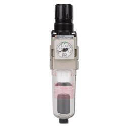 Industrieller Druckregler mit Manometer und Filter, verwendet zur Steuerung und Aufrechterhaltung spezifischer Luftdruckstufen.