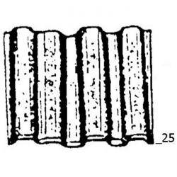 Ein Schwarzweiß-Bild, das eine Gruppe von fünf vertikalen, parallelen Säulen zeigt. Die rechte Säule ist mit 