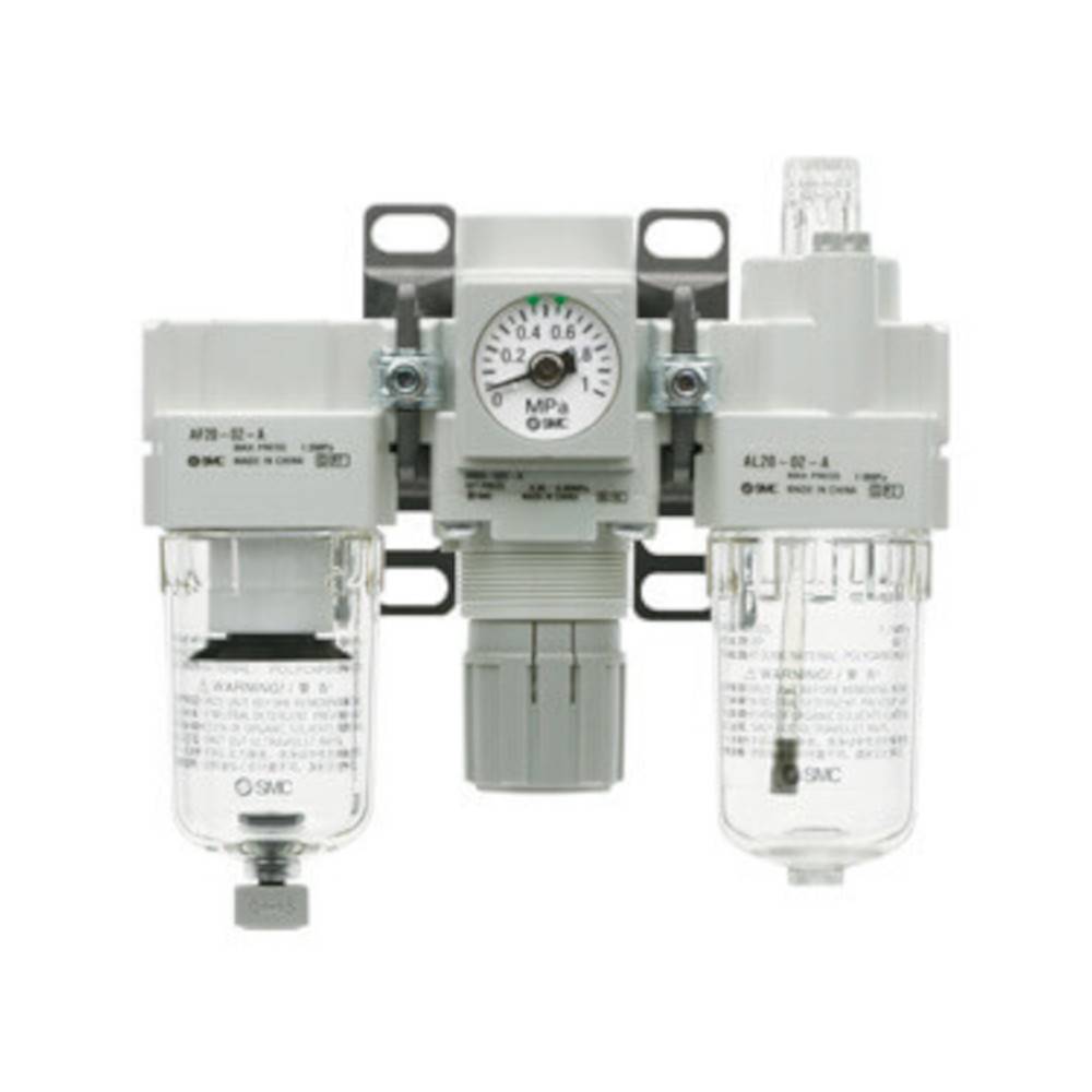 Luftfilterregler mit Druckmanometer und zwei transparenten Filterbehältern auf einer Halterung montiert, verwendet in pneumatischen Systemen.