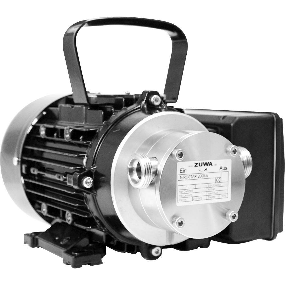 Schwarzer Elektromotor-Pumpe mit Tragegriff und silberner Frontabdeckung, dargestellt in einem produktstyle Foto auf weißem Hintergrund.