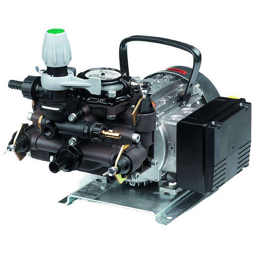 Kompakte industrielle Pumpen- oder Motorenbaugruppe mit schwarzem Schlauch, Metallgehäuse und Tragegriff auf einer Befestigungsbasis.