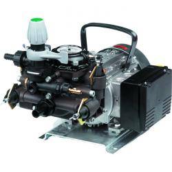 Eine kleine Industriepumpe mit verschiedenen Rohren und Ventilen, montiert auf einer Metallbasis.