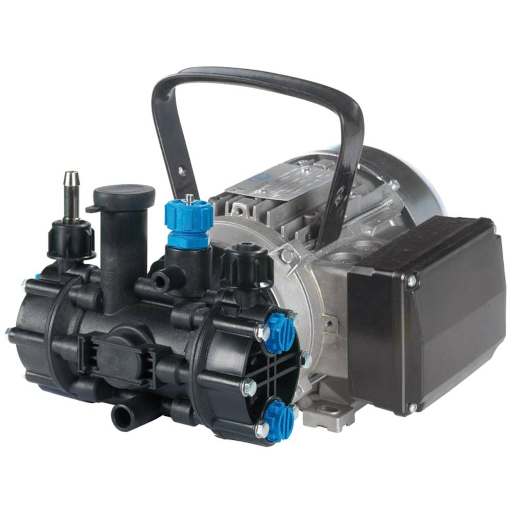 Tragbarer Elektromotor-Pumpeneinbau mit schwarzem Kunststoffverteiler und blauen Anschlüssen, dargestellt auf weißem Hintergrund.