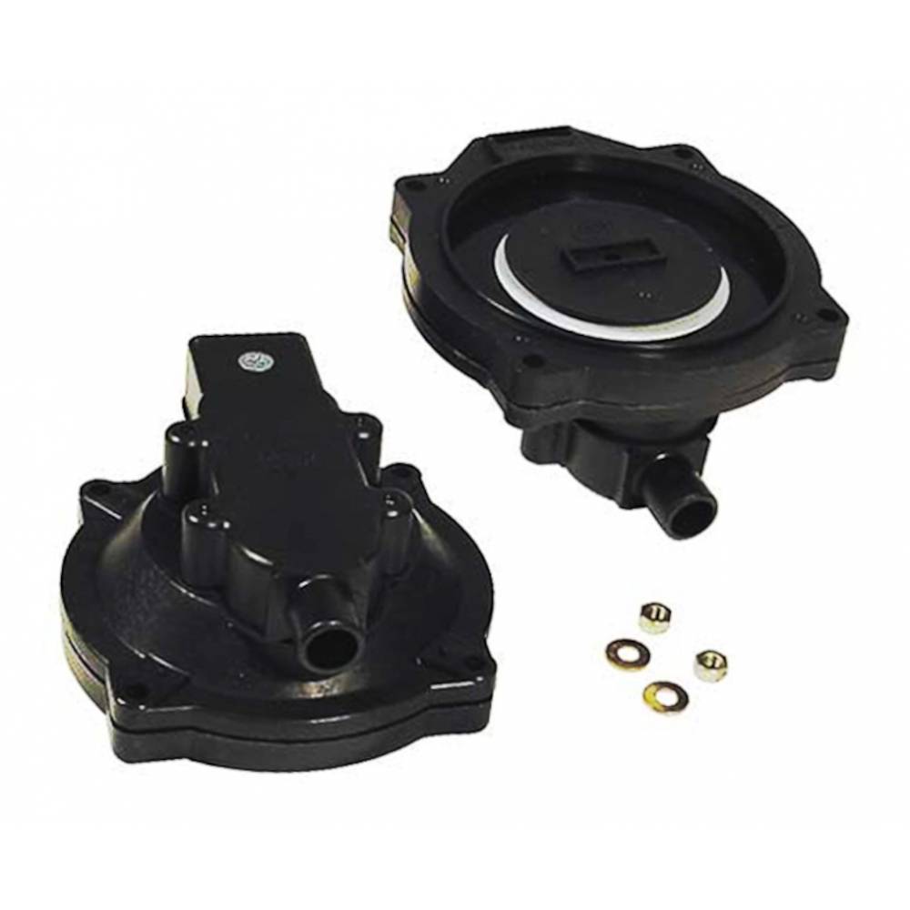 Zwei schwarze Kunststoff-Kraftfahrzeugventile mit kreisförmigen Basen und hervorstehenden Anschlüssen, jeweils mit kleinen Metallscheiben versehen.