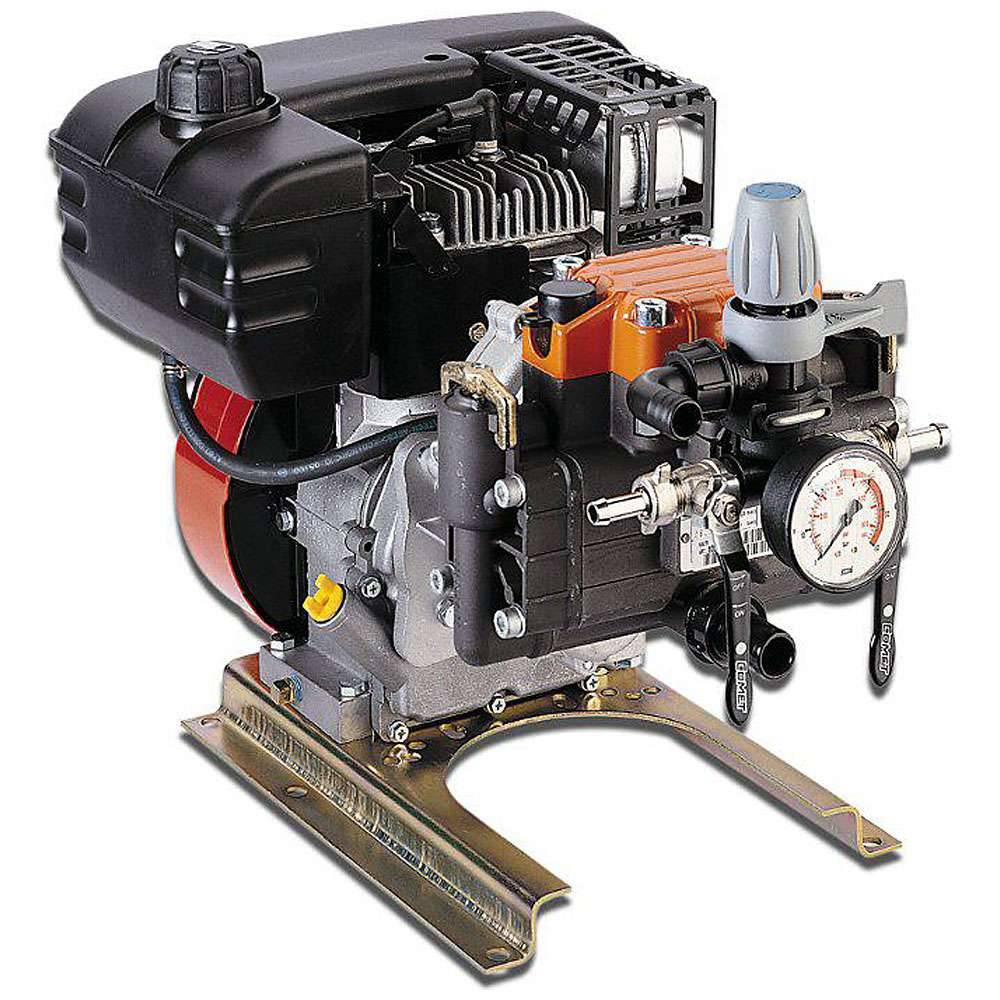 Tragbarer Luftkompressor mit Motor, Tank, Druckmessgerät und Steuerventilen auf einem Metallrahmen