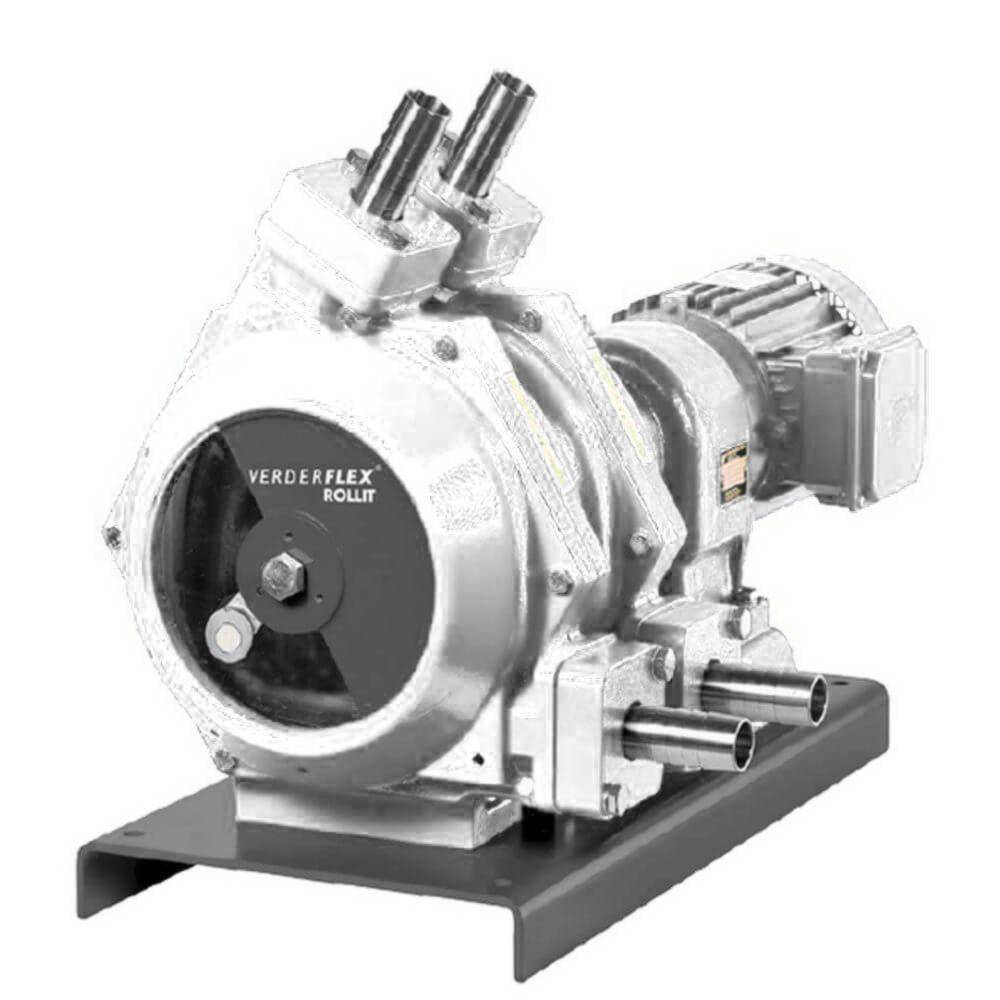 Industrielle Pumpeneinheit mit Motor auf einem Sockel, mit der Aufschrift „VERDERFLEX ROLLIT