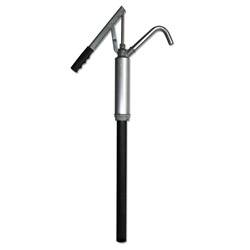 Eine silber- und schwarze Handpumpe mit Auslauf und Griff, verwendet zum manuellen Dosieren von Flüssigkeiten.