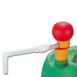 Ein buntes Spielzeug mit einer roten Kugel, grüner Basis und gelben Zylinder. Es hat einen L-förmigen durchsichtigen Griff auf der linken Seite.