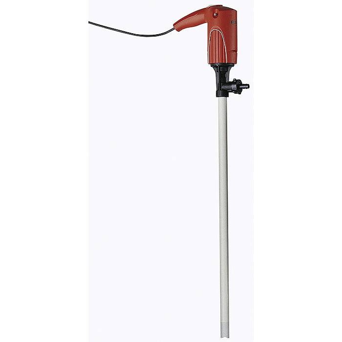 Elektrische Bohrmaschinen-Pumpenvorsatz mit rotem Motorgehäuse und langen Metallrohr zum Übertragen von Flüssigkeiten.