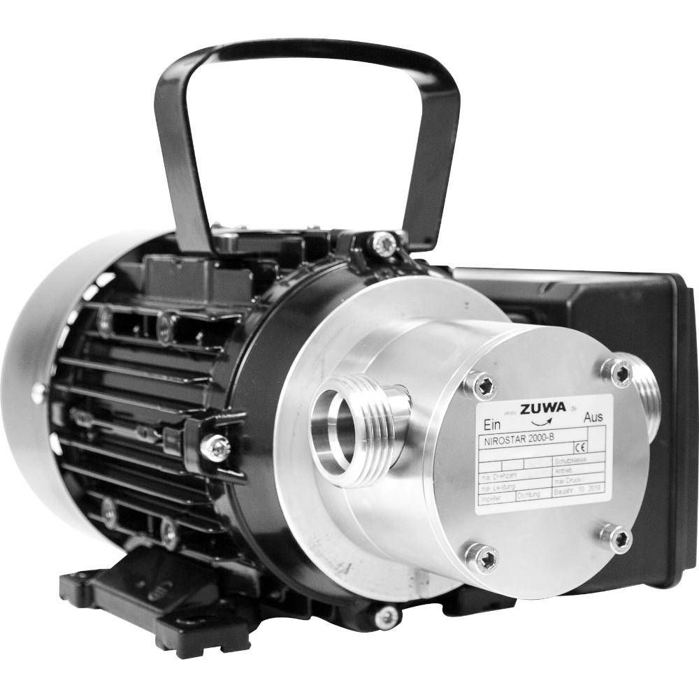 Tragbarer Elektropumpmotor mit Tragegriff und silberner Frontgehäuse mit der Bezeichnung 