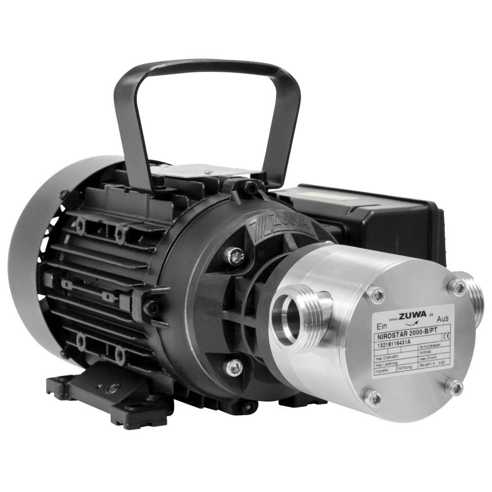 Schwarzer und silberner elektrischer Pumpmotor mit Tragegriff und vorderem Metallgehäuse, dargestellt auf weißem Hintergrund.